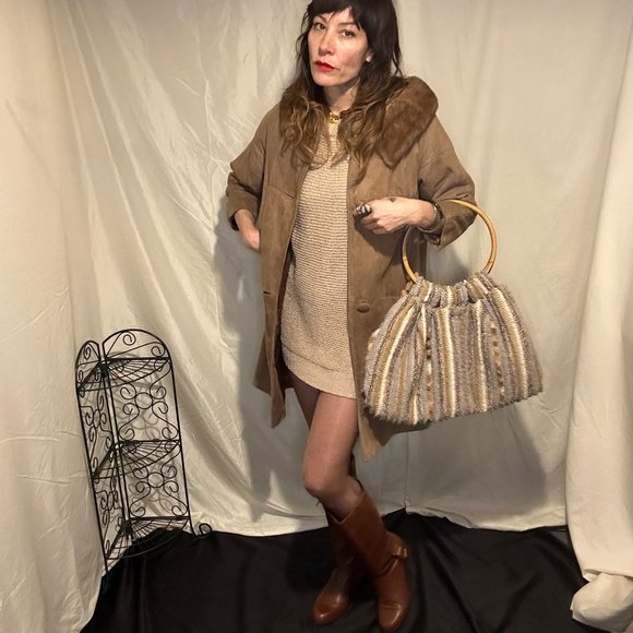 Vintage Knapp Sacs Of California 1970’s Knit Round Wood Handle HandBag - Picture 1 of 14